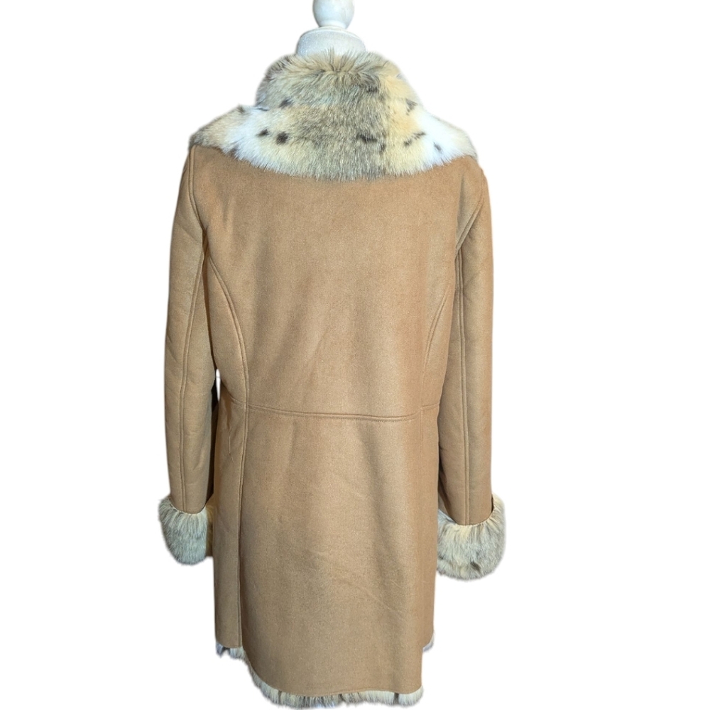 Vtg Y2K Talbots Penny Lane Tan Faux Sherpa Suede/Snow Leopard Fur Lined Coat - Picture 5 of 11